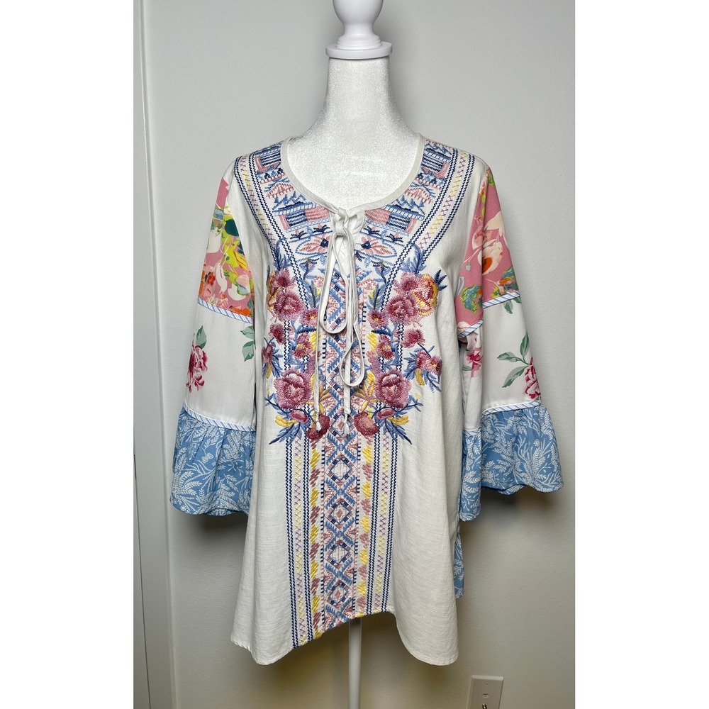 Calessa Women's Large‎ Boho Embroidered Cotton Tunic Top Bell Sleeve Patchwork